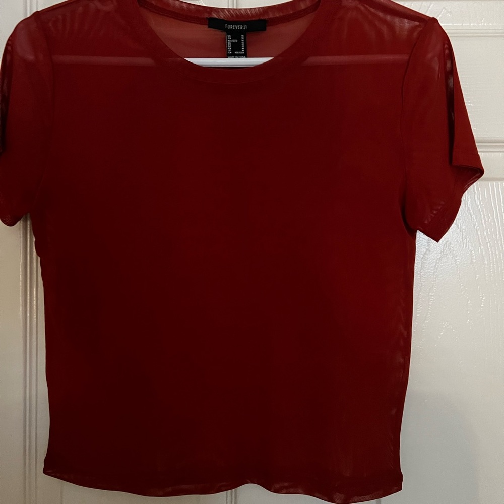 Red mesh crop top see through shirt
